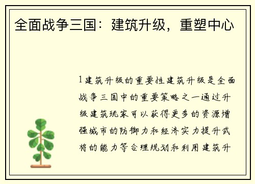 全面战争三国：建筑升级，重塑中心